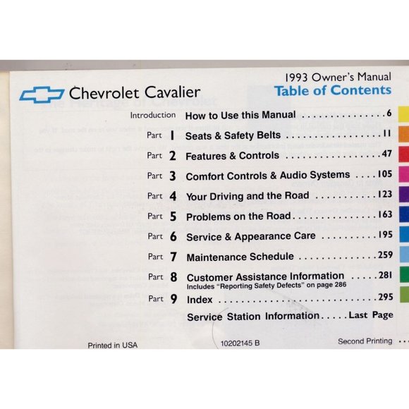 1993 CHEVROLET CAVALIER OWNER'S MANUAL, ORIGINAL not a facsimile, FROM CAR DEALE - Picture 2 of 3